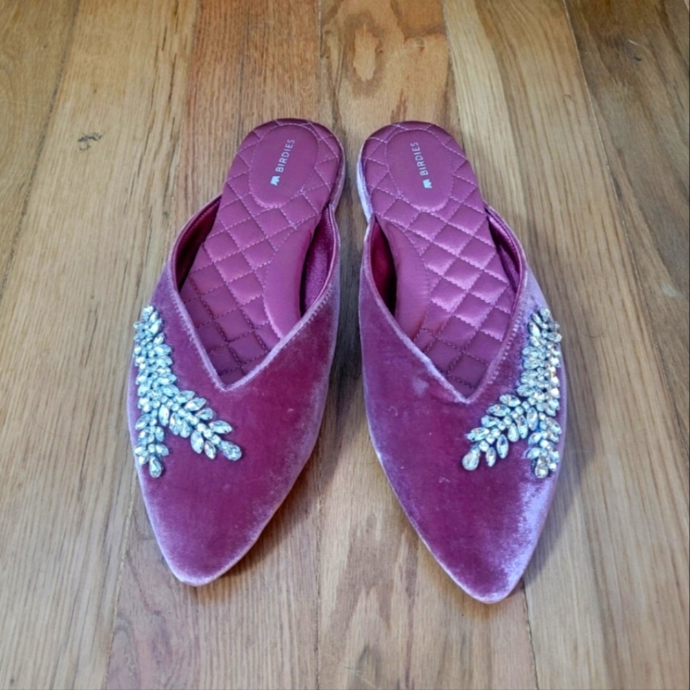 Birdies “The Swan” Jeweled Rose Pink Velvet Mules – Size 8